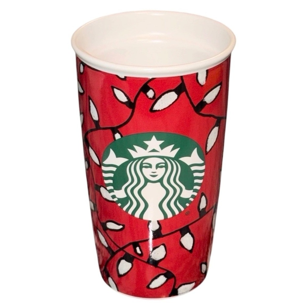 Starbucks 12oz Holiday Red Christmas Lights Ceramic Travel Tumbler Coffee Mug
